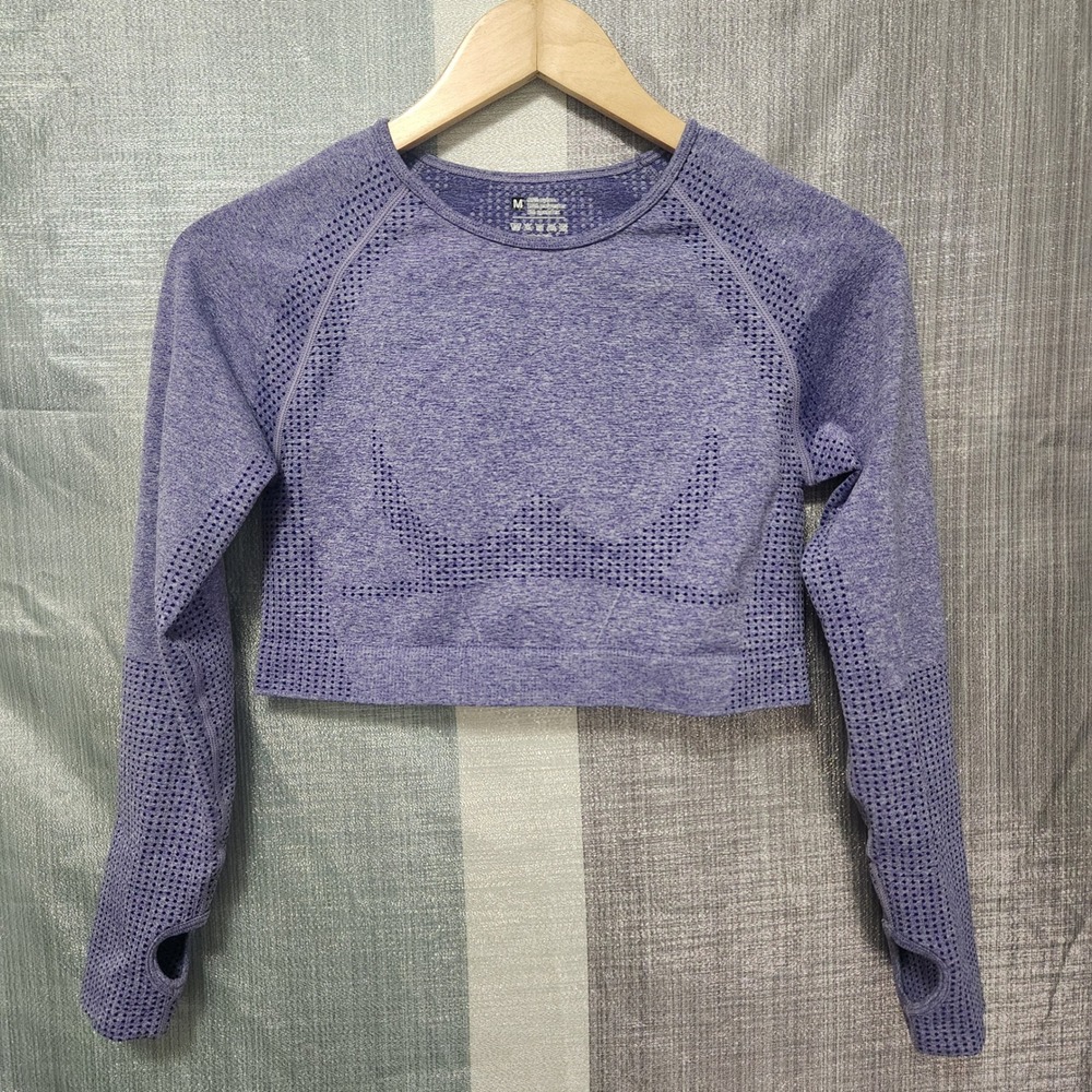 Purple Seamless Long Sleeve Crop Top Thumbholes Workout Gym Shirt Medium